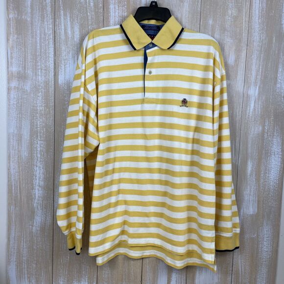 VTG Tommy Hilfiger Mens Long Sleeve Polo Shirt L Yellow Stripe Crest 1/4 Button - Picture 1 of 9